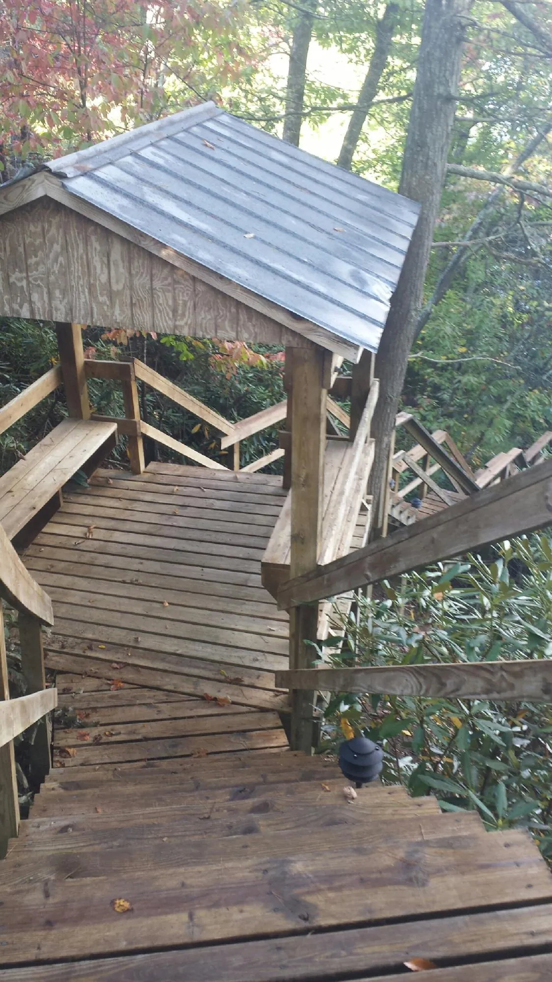 Metal roofed shelter over wooden steps on a wooded walkway — Skylight Repair & Installation work by our crew in Hooks